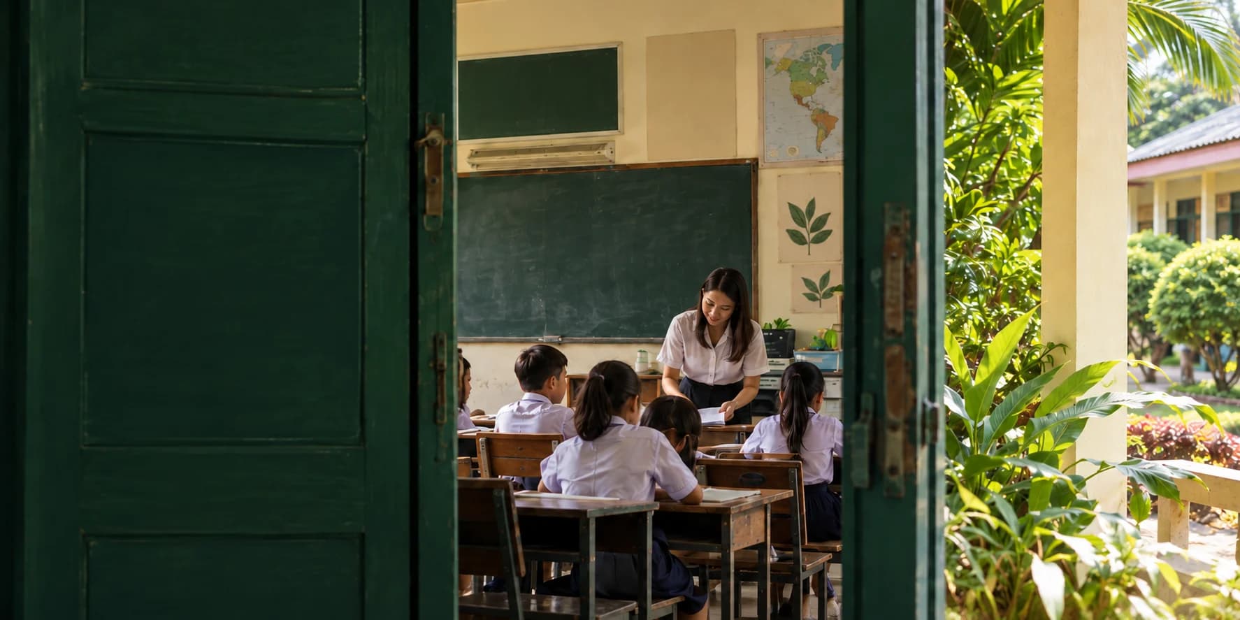 Illustrative classroom scene with a teacher helping students, seen through a green doorway